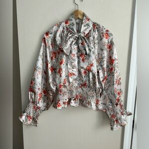 Truth Floral Satin Smocked Bow Tie Neck Long Sleeve Blouse Size S Small